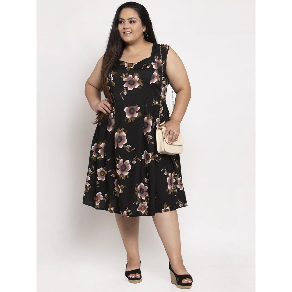 Amfyn Women's Crepe Printed Knee Length Fit and Flare Dress (Black)