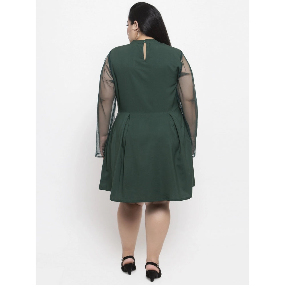Amfyn Women's Crepe Solid Knee Length Fit and Flare Dress (Green)