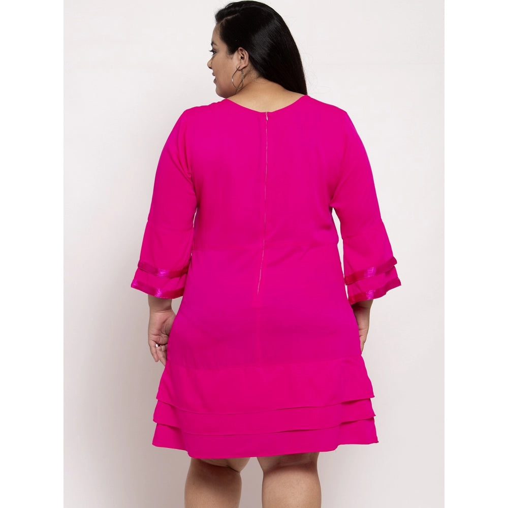 Amfyn Women's Crepe Solid Knee Length Fit and Flare Dress (Pink)