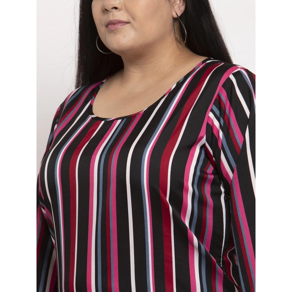 Amfyn Women's Crepe Printed Strip Knee Length Fit and Flare Dress (Multicolor)