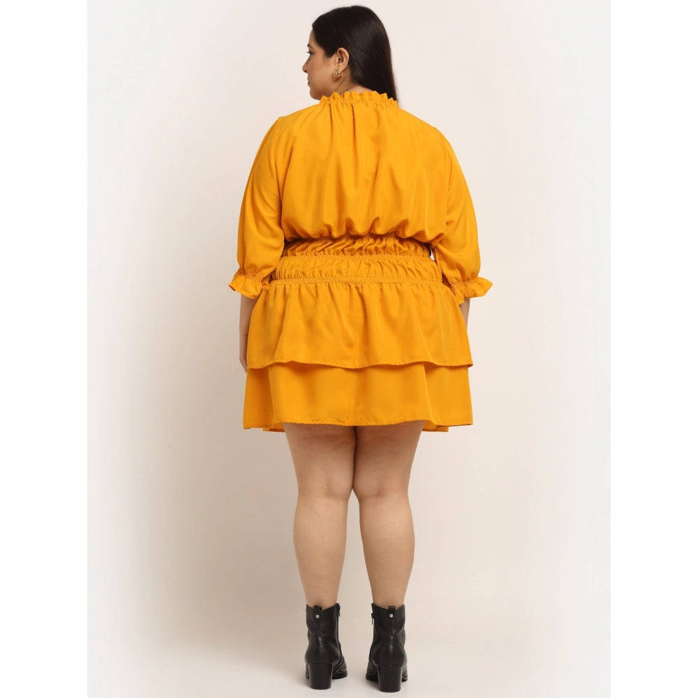 Amfyn Women's Crepe Solid Knee Length Fit and Flare Dress (Yellow)
