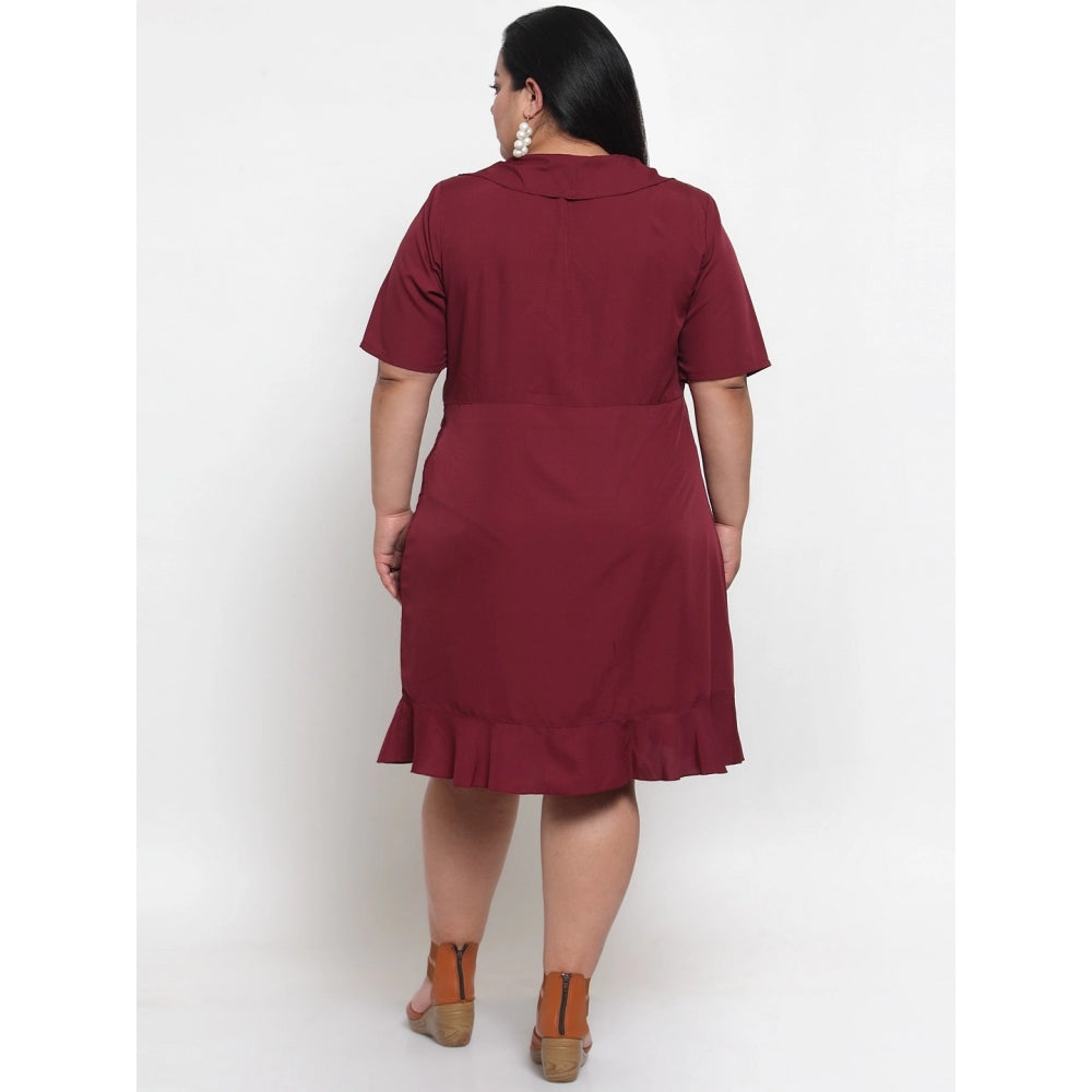 Amfyn Women's Crepe Solid Knee Length Fit and Flare Dress (Maroon)
