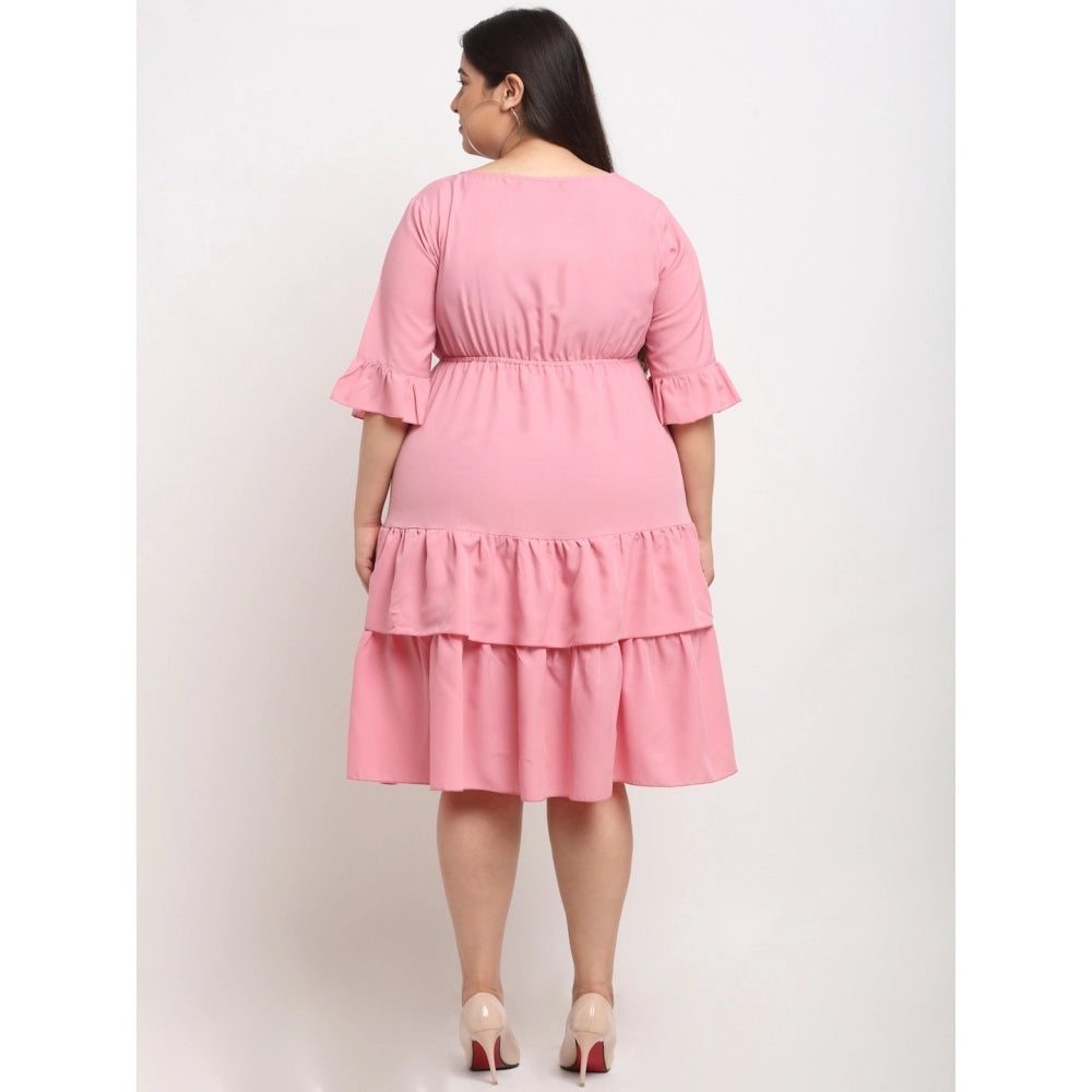 Amfyn Women's Crepe Solid Knee Length Fit and Flare Dress (Pink)