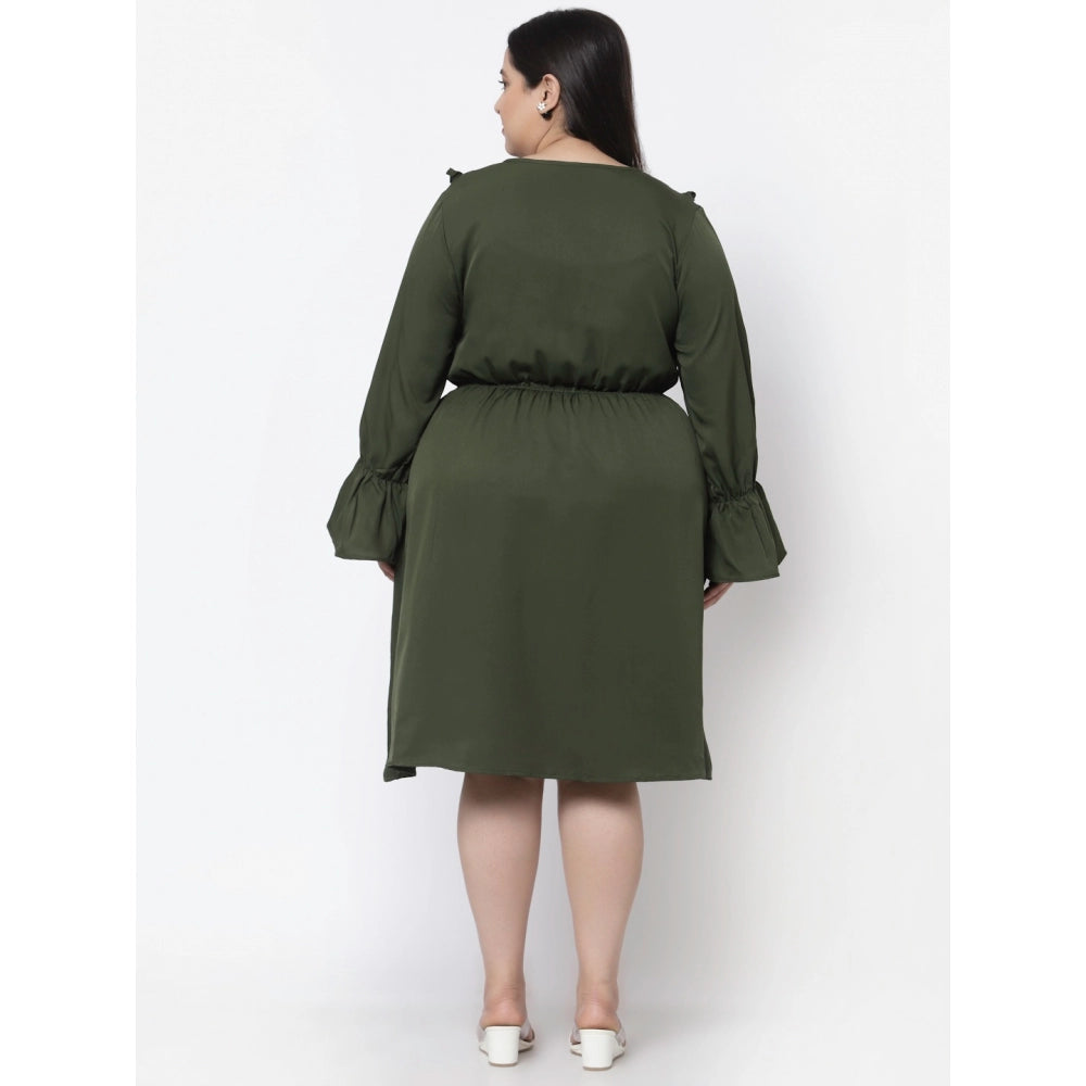 Amfyn Women's Crepe Solid Knee Length Fit and Flare Dress (Botal Green)