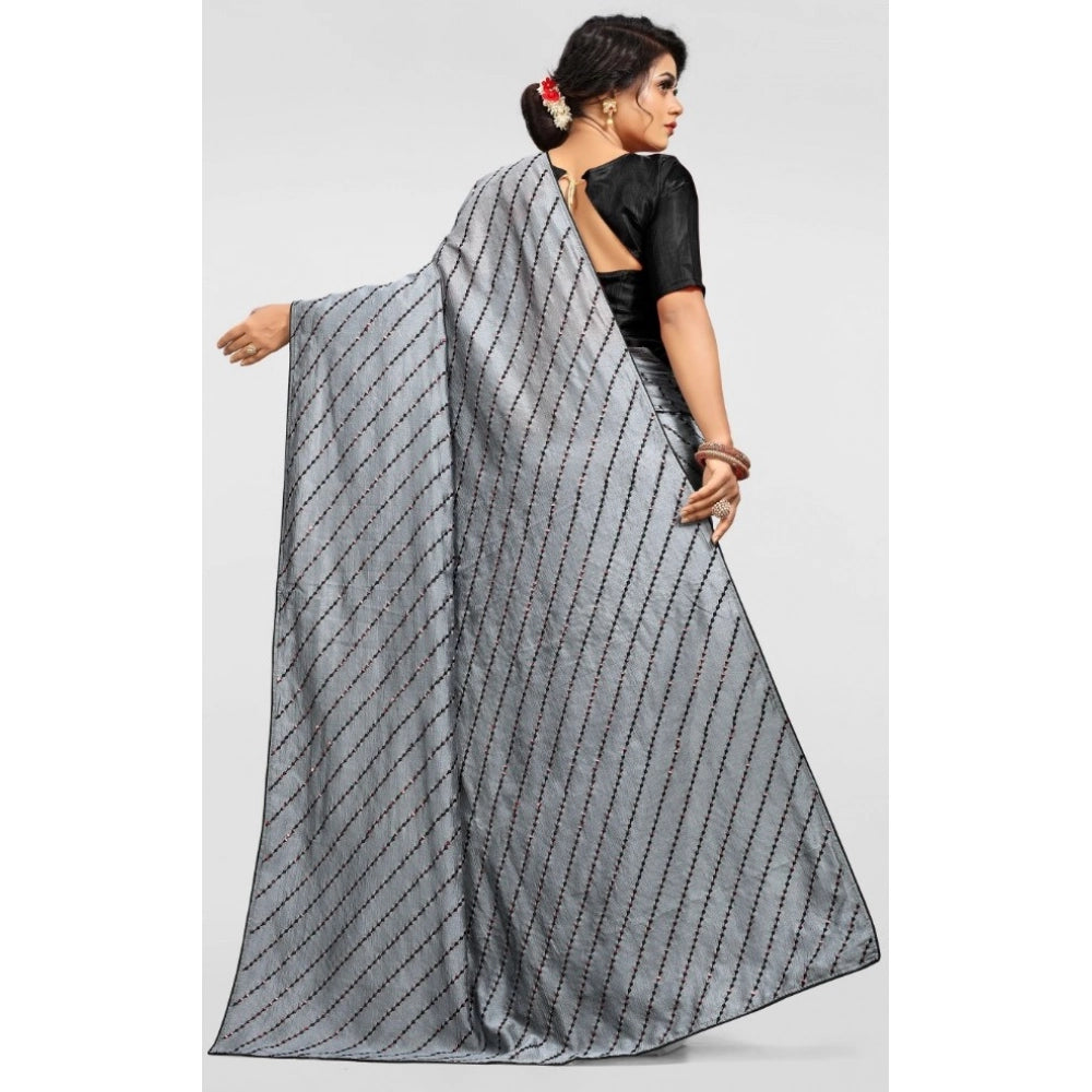 Amfyn Women's Vichitra Saree with Blouse (Grey, 5-6 Mtrs)