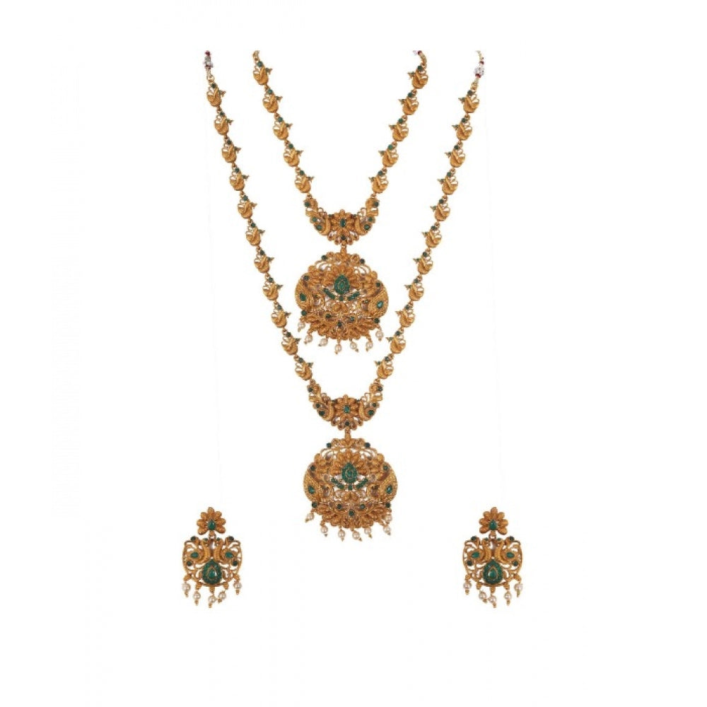 Amfyn Women's Elegent And Modern Double Line Temple Jewellery Set (Green, Free Size)