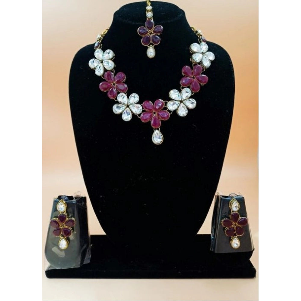 Fashion Women's Elegent Kundan And Stone Necklace Set (Red, Free Size)