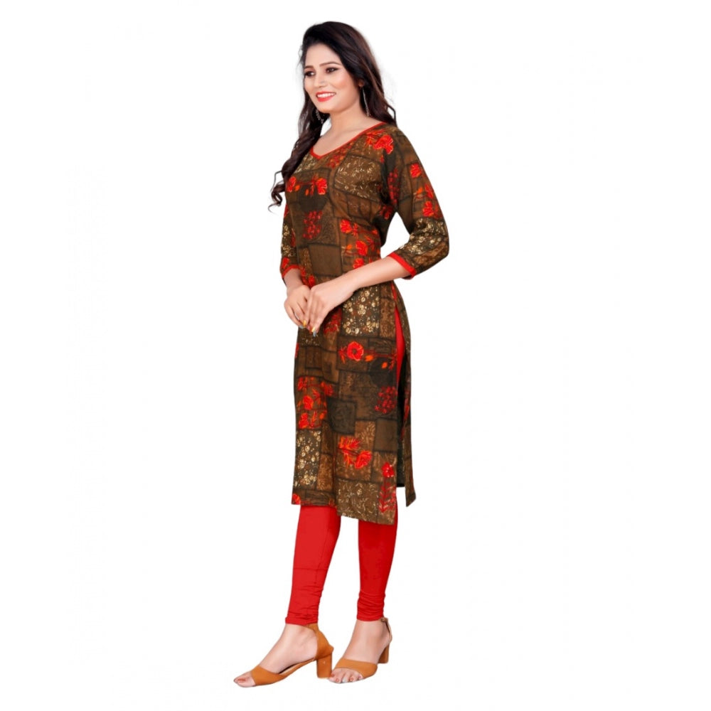 Amfyn Women's Rayon Foil Printed Straight Kurti (Brown)