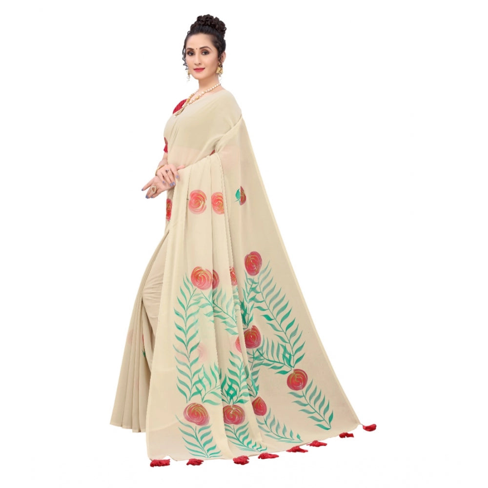 Amfyn Women's Georgette Floral Hand Printed Sarees (Beige, 5-6 Mtrs)