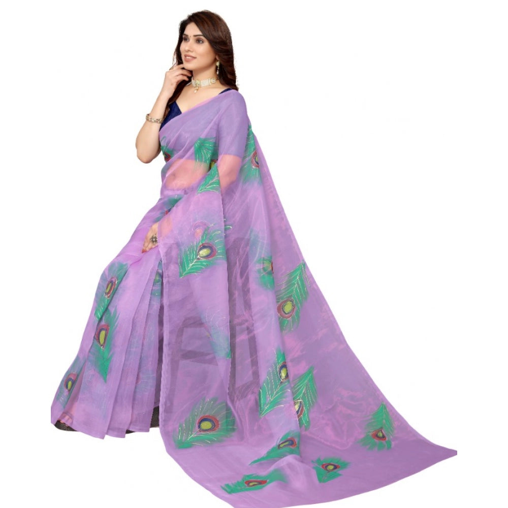 Amfyn Women's Organza Floral Pattern Sarees (Lavendor, 5-6 Mtrs)