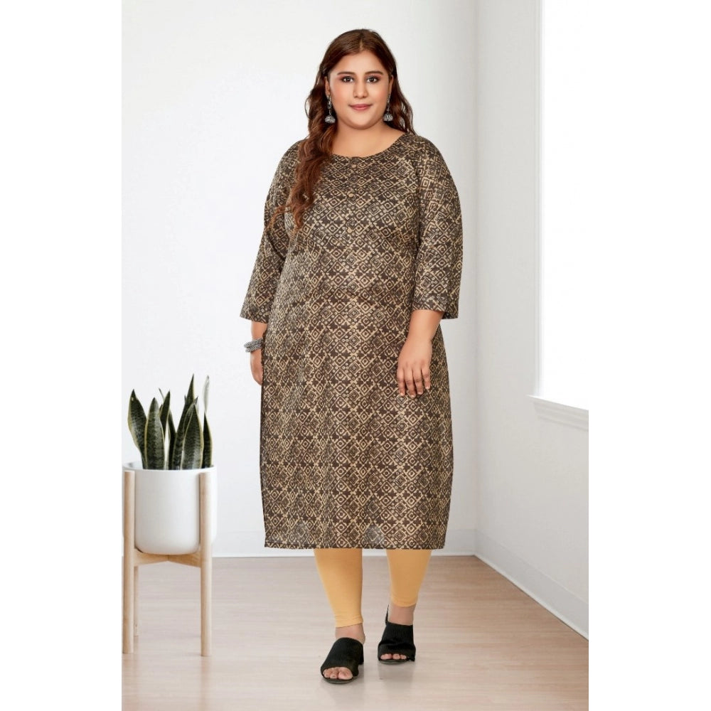 Amfyn Women's Casual 3/4th Sleeve Golden Foil Printed Capsule Cotton Straight Kurti (Brown)