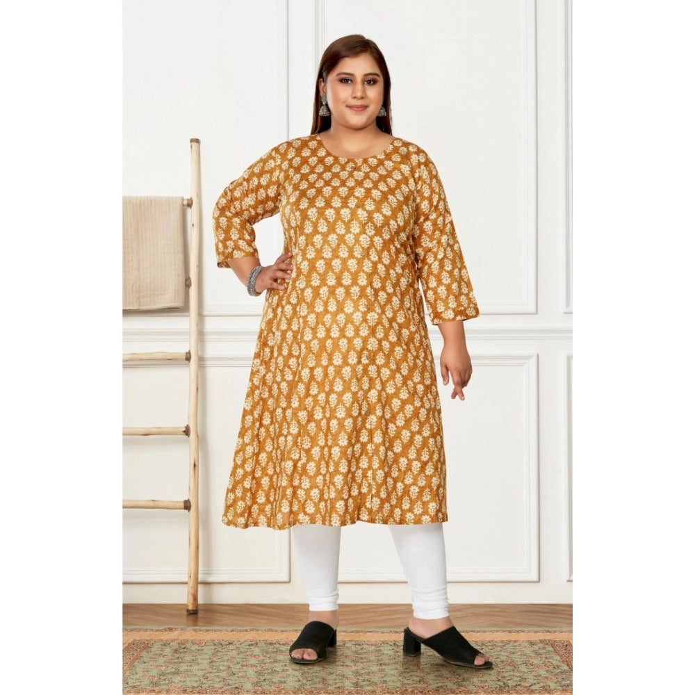 Amfyn Women's Casual 3/4th Sleeve Printed Pure Cotton Prince Cut A-Line Kurti (Mustard)