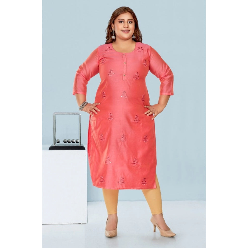 Amfyn Women's Casual 3/4th Sleeve Mirror Embroidered Rayon Straight Kurti (Pink)