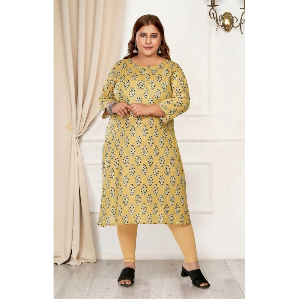 Amfyn Women's Casual 3/4th Sleeve Golden Foil Printed Pure Cotton Straight Kurti (Light Yellow)