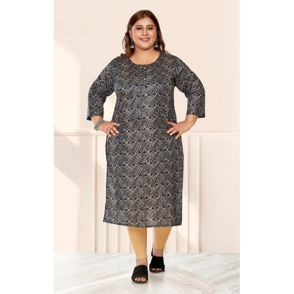 Amfyn Women's Casual 3/4th Sleeve Golden Foil Printed Capsule Cotton Straight Kurti (Navy Blue)