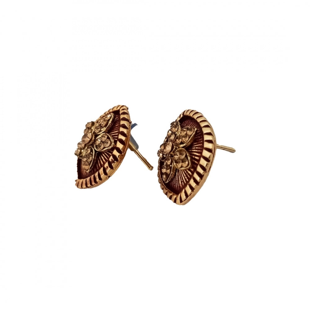 Fashion Women's Alloy Ceramic Stone And Designer Work Gold Plated Stud (Red)