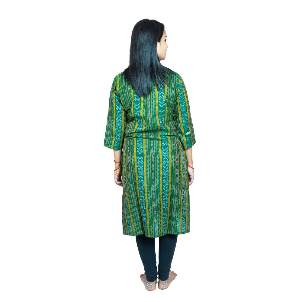 Amfyn Women's Sambalpuri Certified Handloom Pure Cotton Straight Kurti (Green)