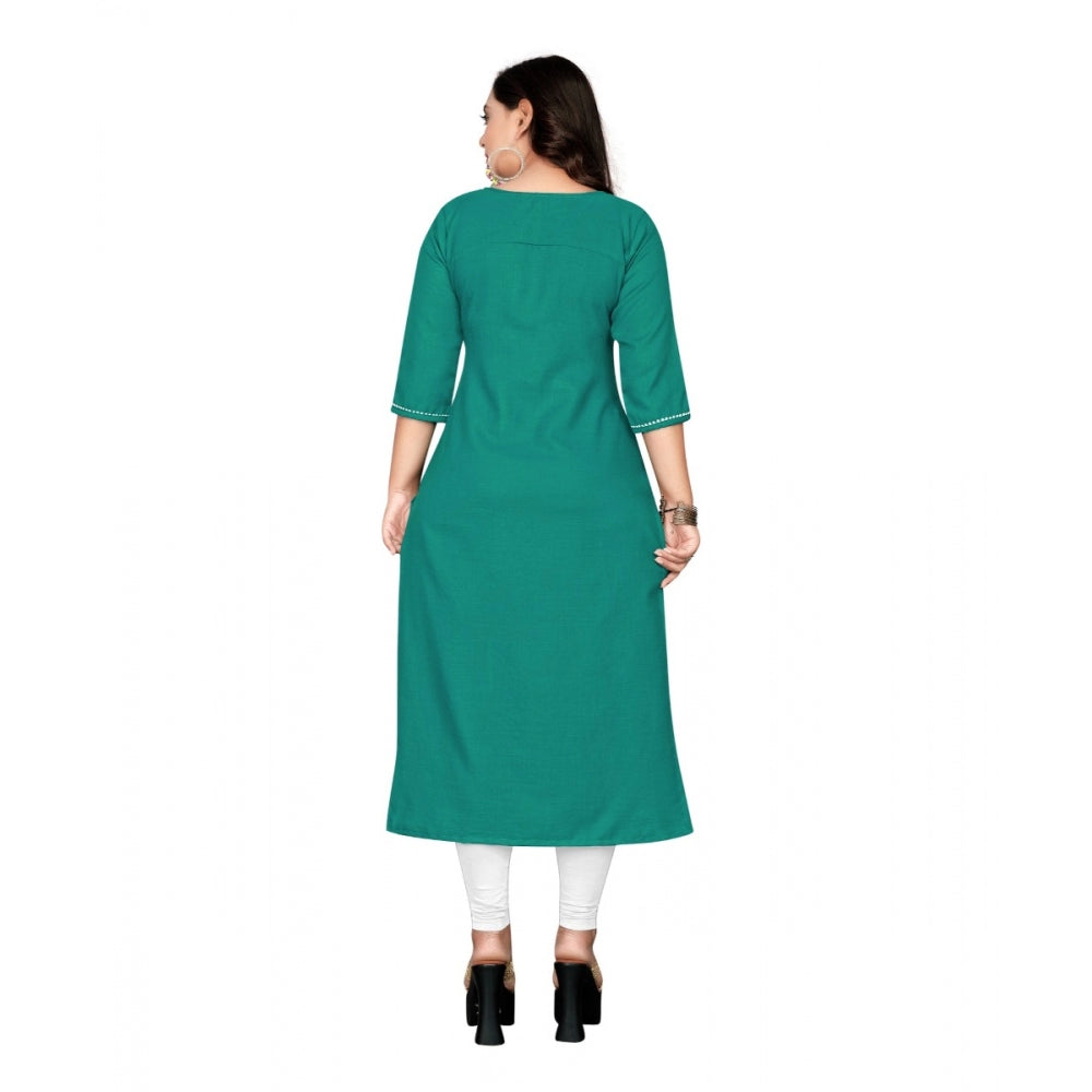 Amfyn Women's Cotton Embroidery Straight Kurti (Turquoise Green)