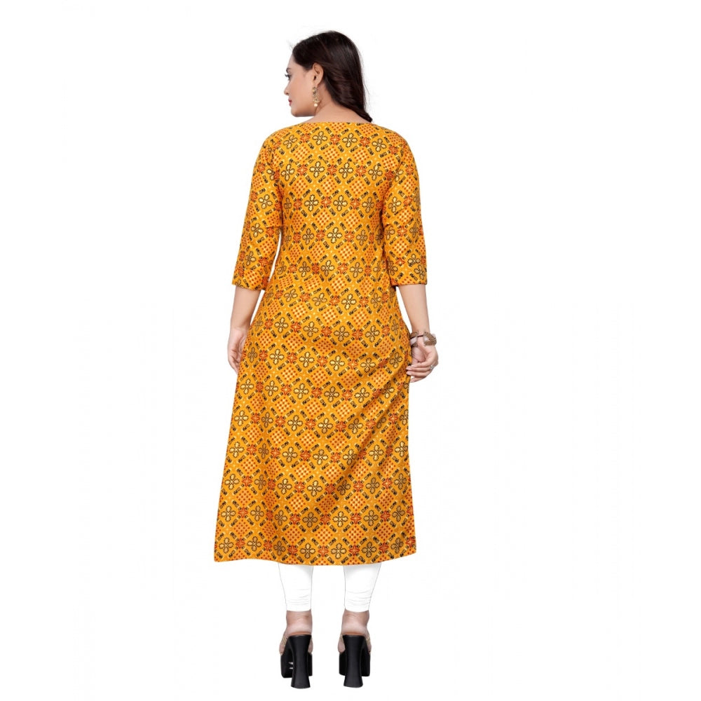 Amfyn Women's Cotton Print with Foil Frontslit Kurti (Mustard Yellow)