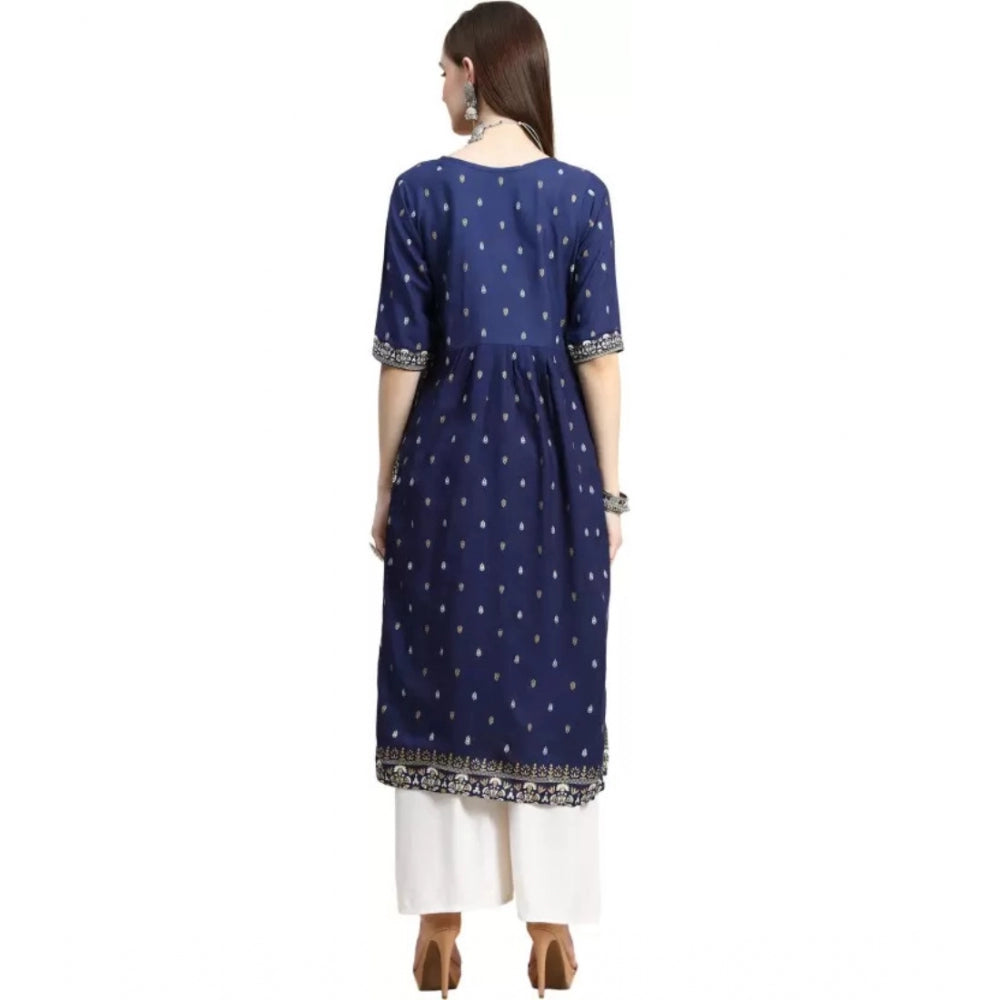 Amfyn Women's Printed Embroidery Kurti (Navy Blue)
