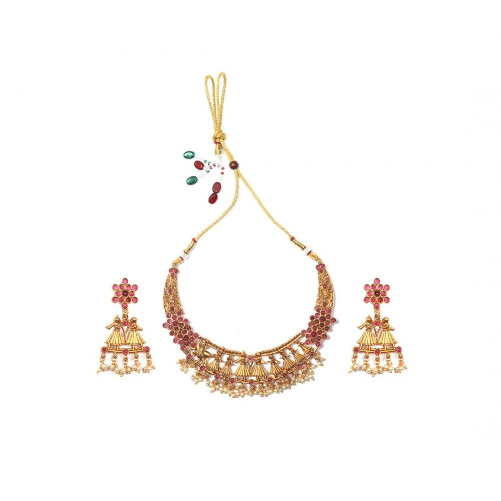 Fashion Women's Temple Elegance Gold Plated Necklace and Earrings Set (Red, Free Size)