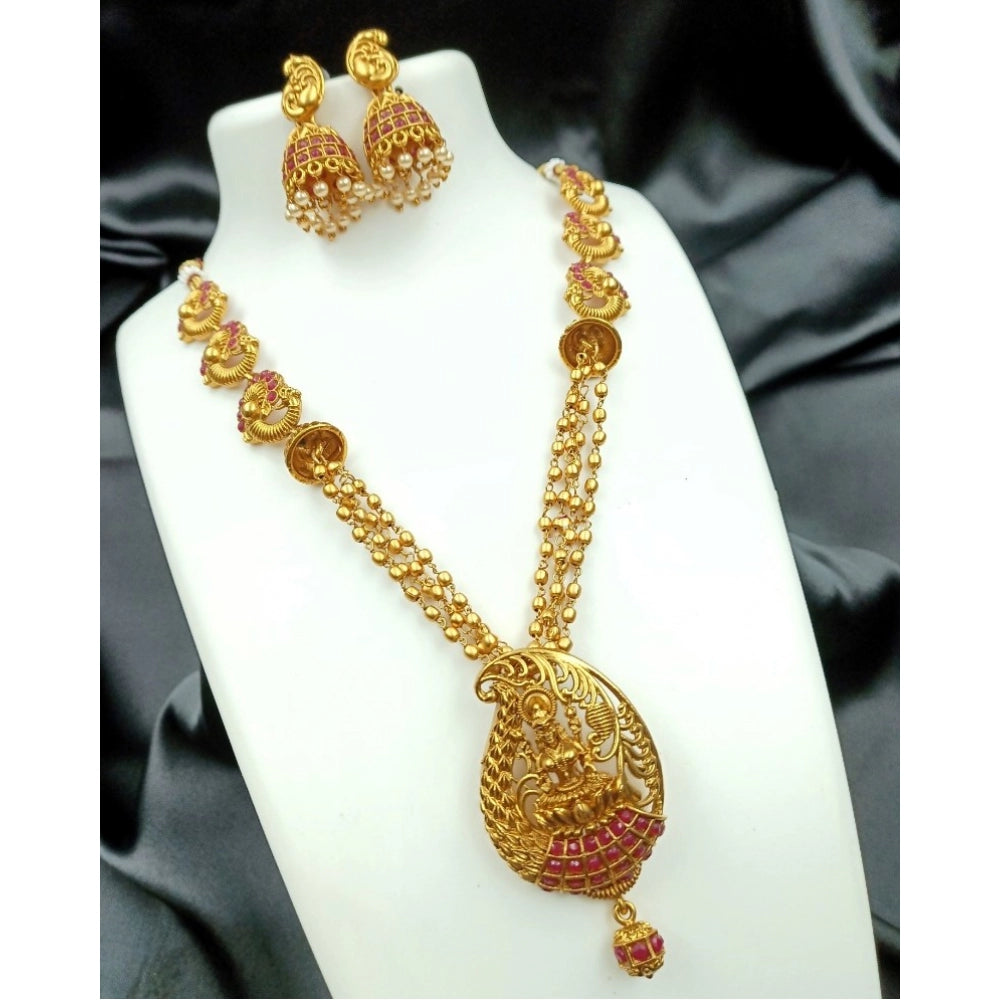 Amfyn Women's Gold Plated Necklace and Earrings Set with Antique Finish (Red, Free Size)