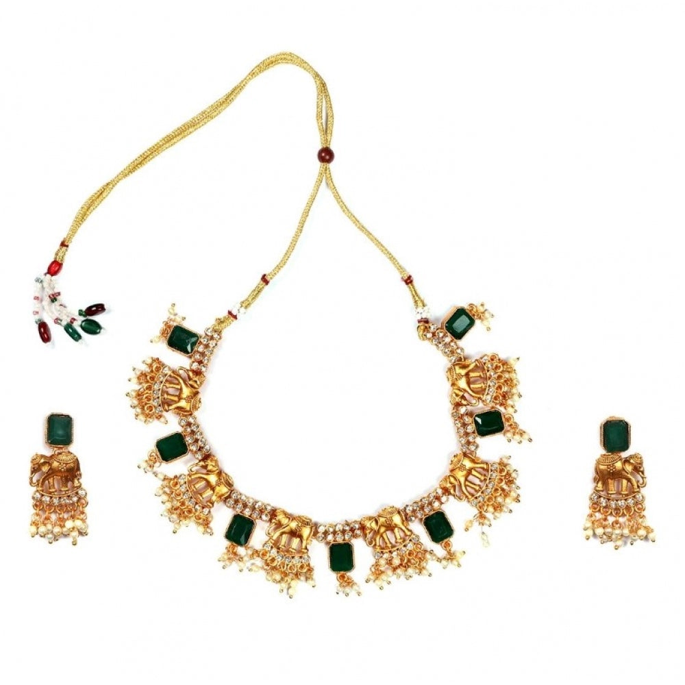 Fashion Women's Gold Plated Necklace and Earrings Set with Mang Tikka (Green, Free Size)