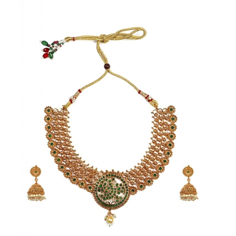 Fashion Women's Gold Plated Necklace and Earrings Set with Meenakari Work (Green, Free Size)