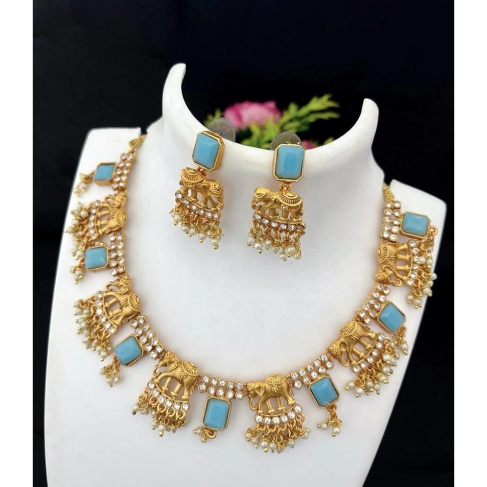Fashion Women's Gold Plated Necklace and Earrings Set with Mang Tikka (Blue, Free Size)