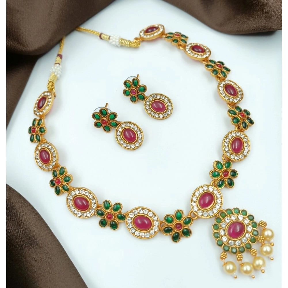 Fashion Women's Temple Elegance Gold Plated Necklace and Earrings Set (Multi Color, Free Size)