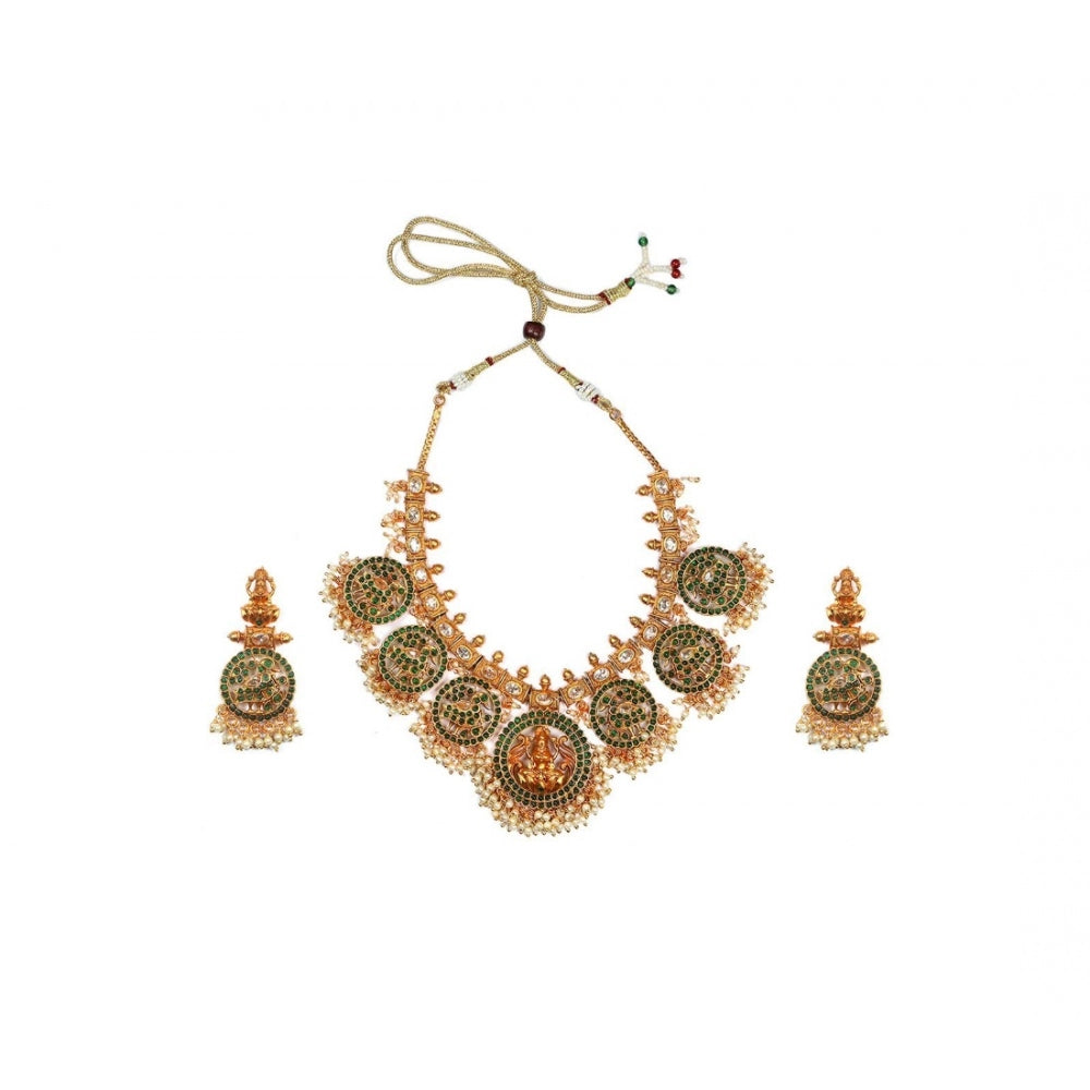 Fashion Women's Goddess Glamour Gold Plated Temple Necklace and Jhumka Set (Green, Free Size)