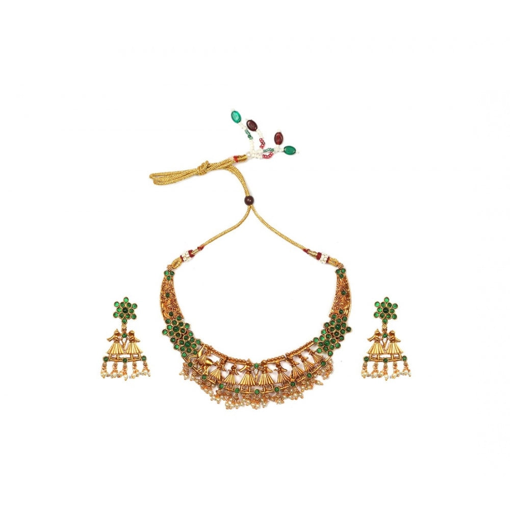 Fashion Women's Gold Plated Temple Necklace and Earrings Set (Green, Free Size)