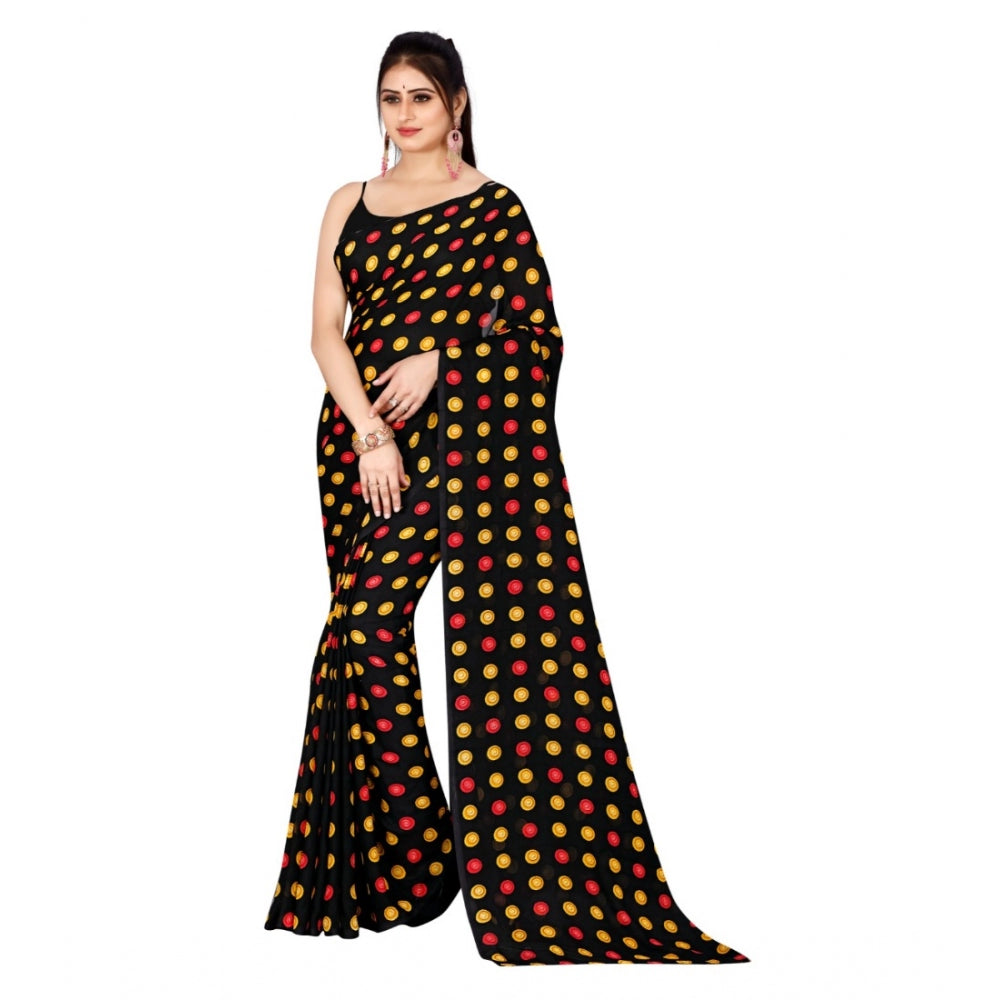 Amfyn Women's Poly Georgette Printed Saree Without Blouse (Black)