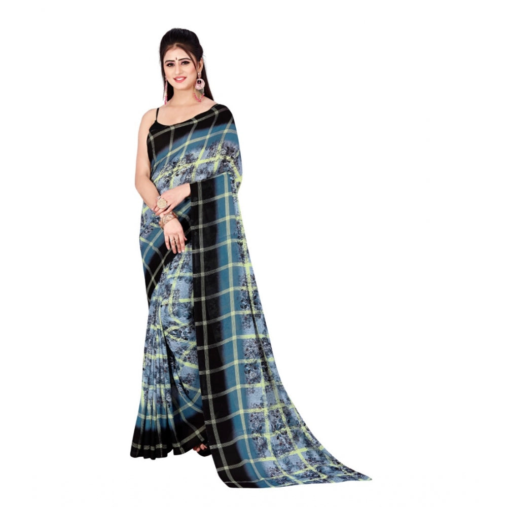 Amfyn Women's Poly Georgette Printed Saree Without Blouse (Light Blue, Black)