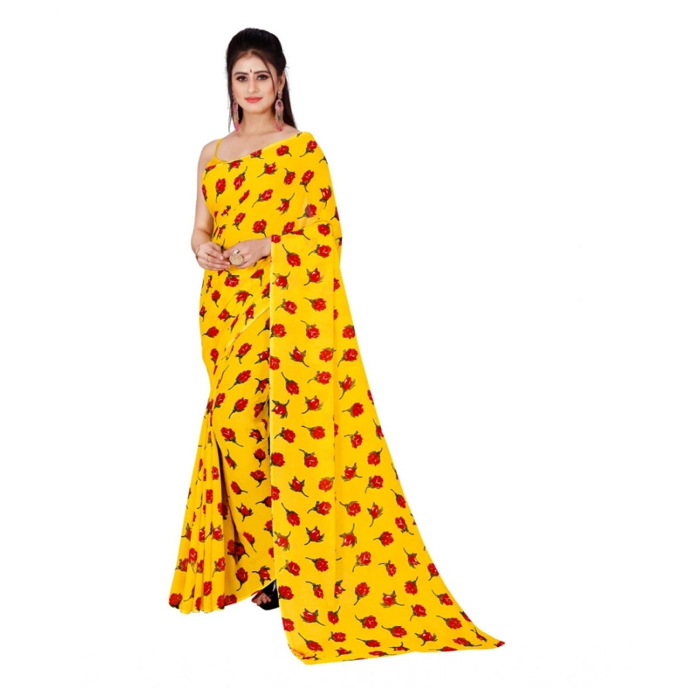 Amfyn Women's Poly Georgette Printed Saree Without Blouse (Yellow)