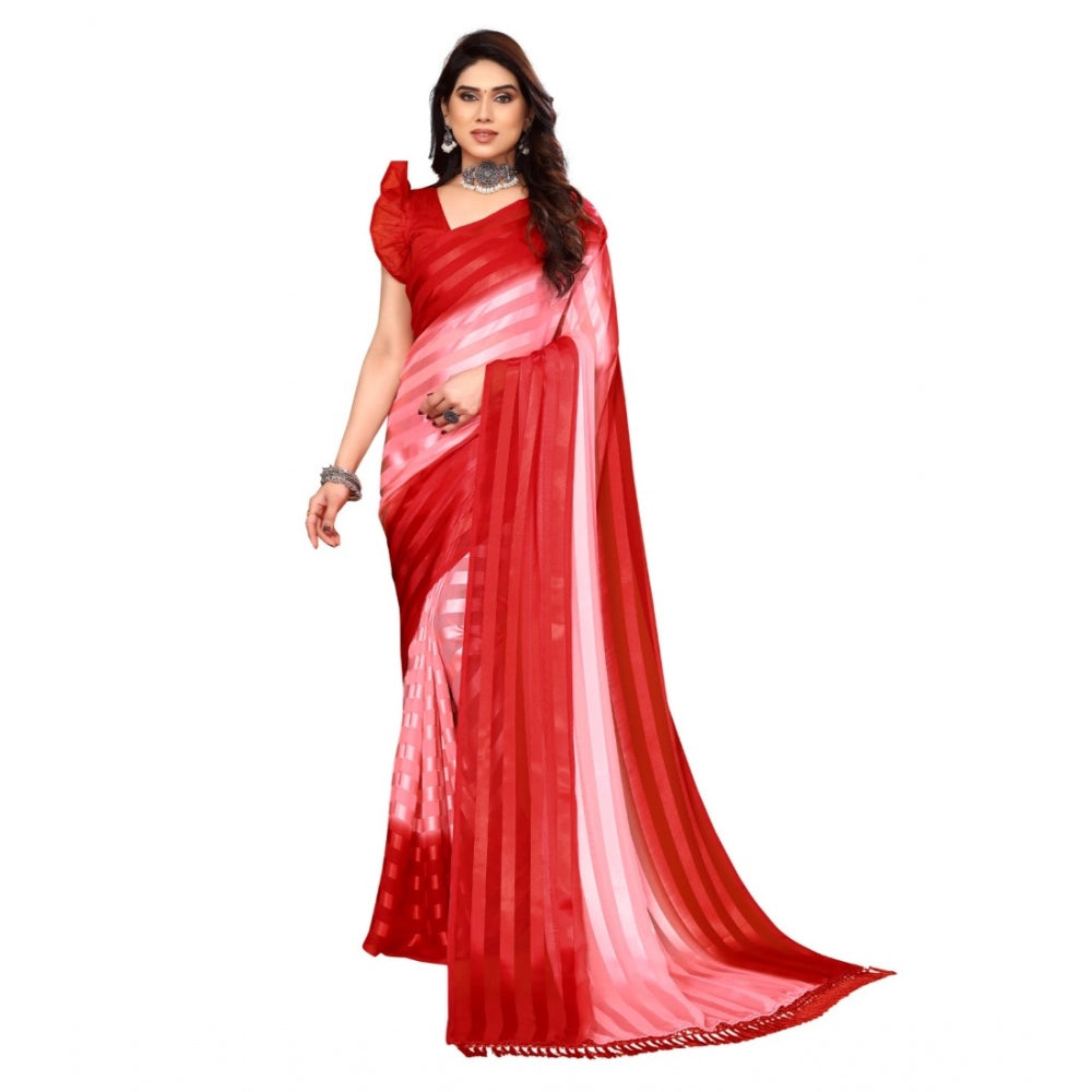 Amfyn Women's Embellished Striped Bollywood Satin Saree With Blouse (Pink, Red)
