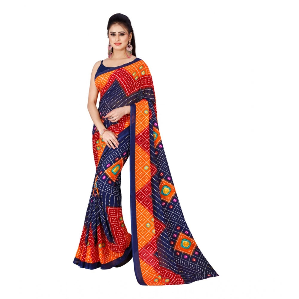 Amfyn Women's Poly Georgette Printed Saree Without Blouse (Blue)
