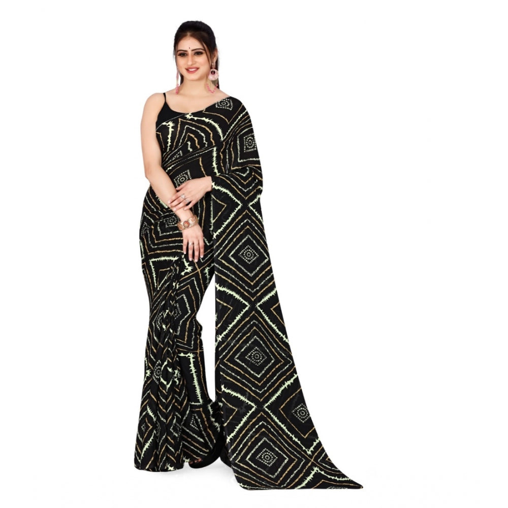 Amfyn Women's Poly Georgette Printed Saree Without Blouse (Black)