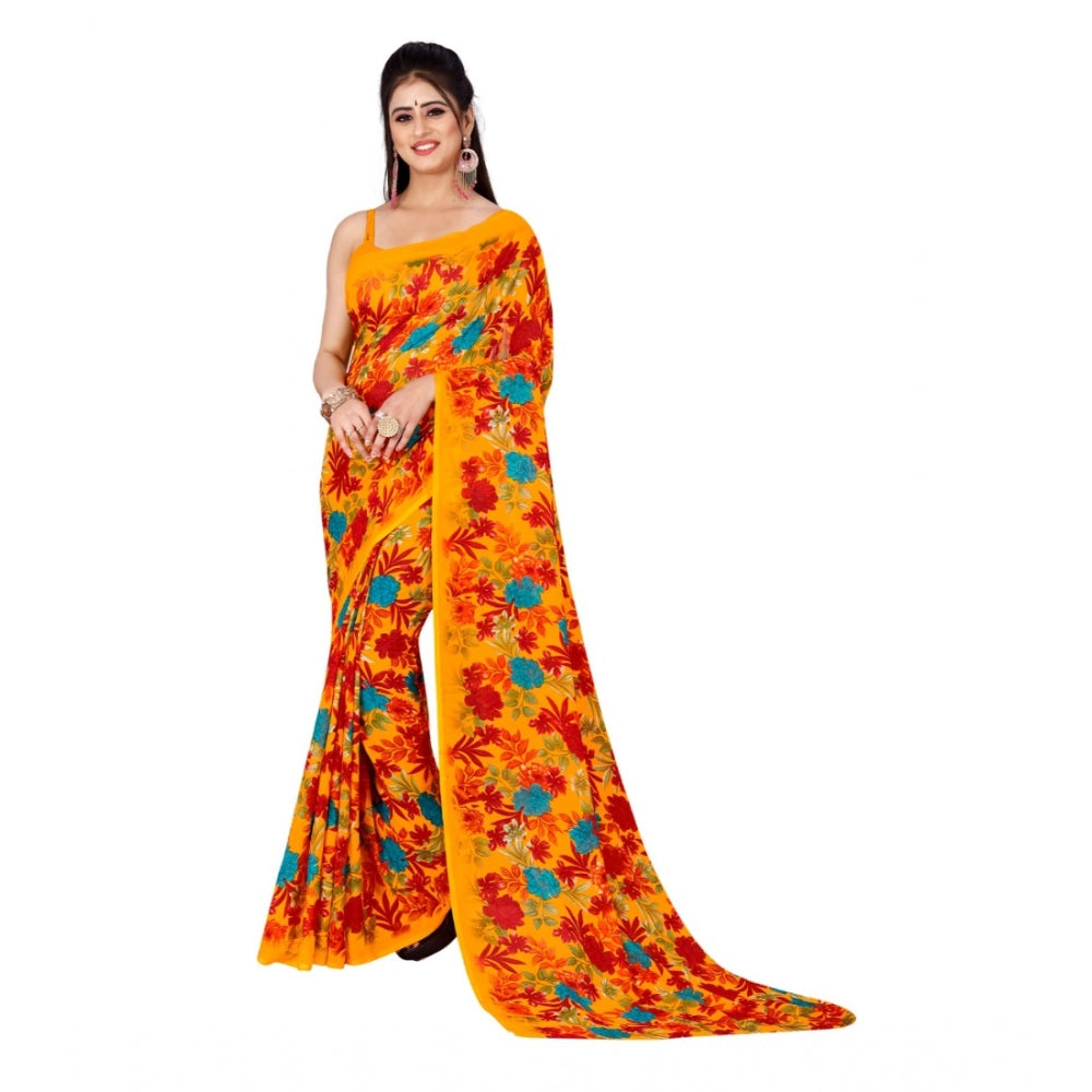Amfyn Women's Poly Georgette Printed Saree Without Blouse (Yellow)