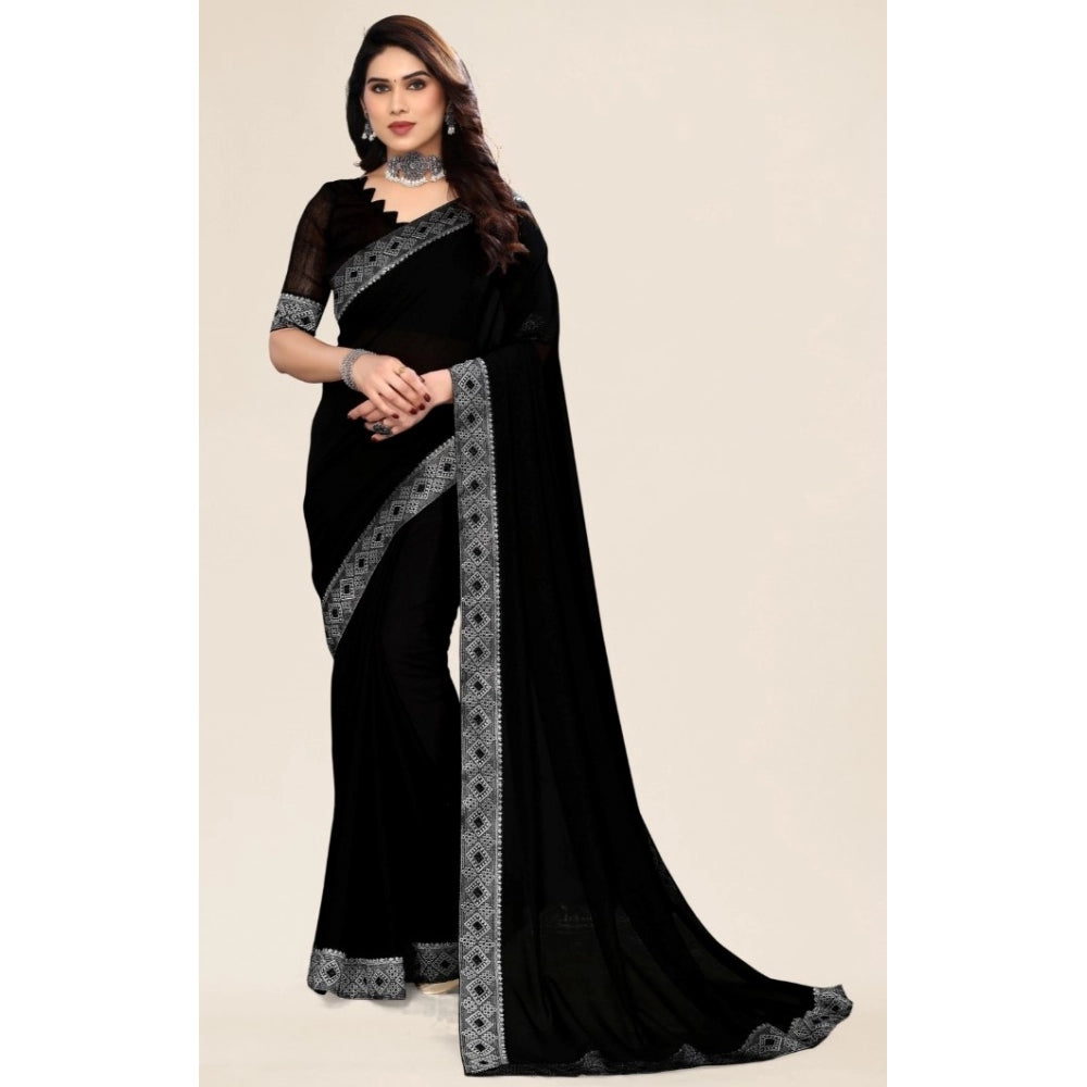 Amfyn Women's Embellished Plain Solid Bollywood Chiffon Saree With Blouse (Black)