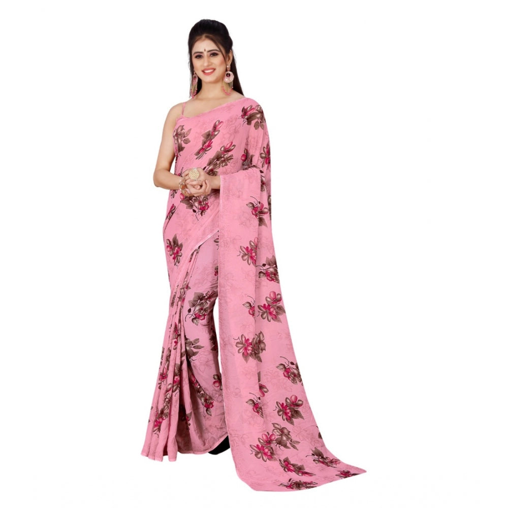 Amfyn Women's Poly Georgette Printed Saree Without Blouse (Pink)