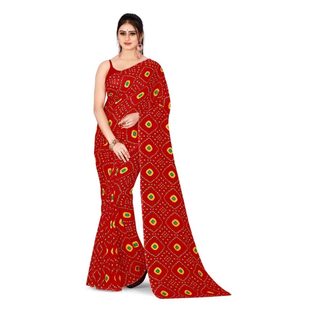 Amfyn Women's Poly Georgette Printed Saree Without Blouse (Red)