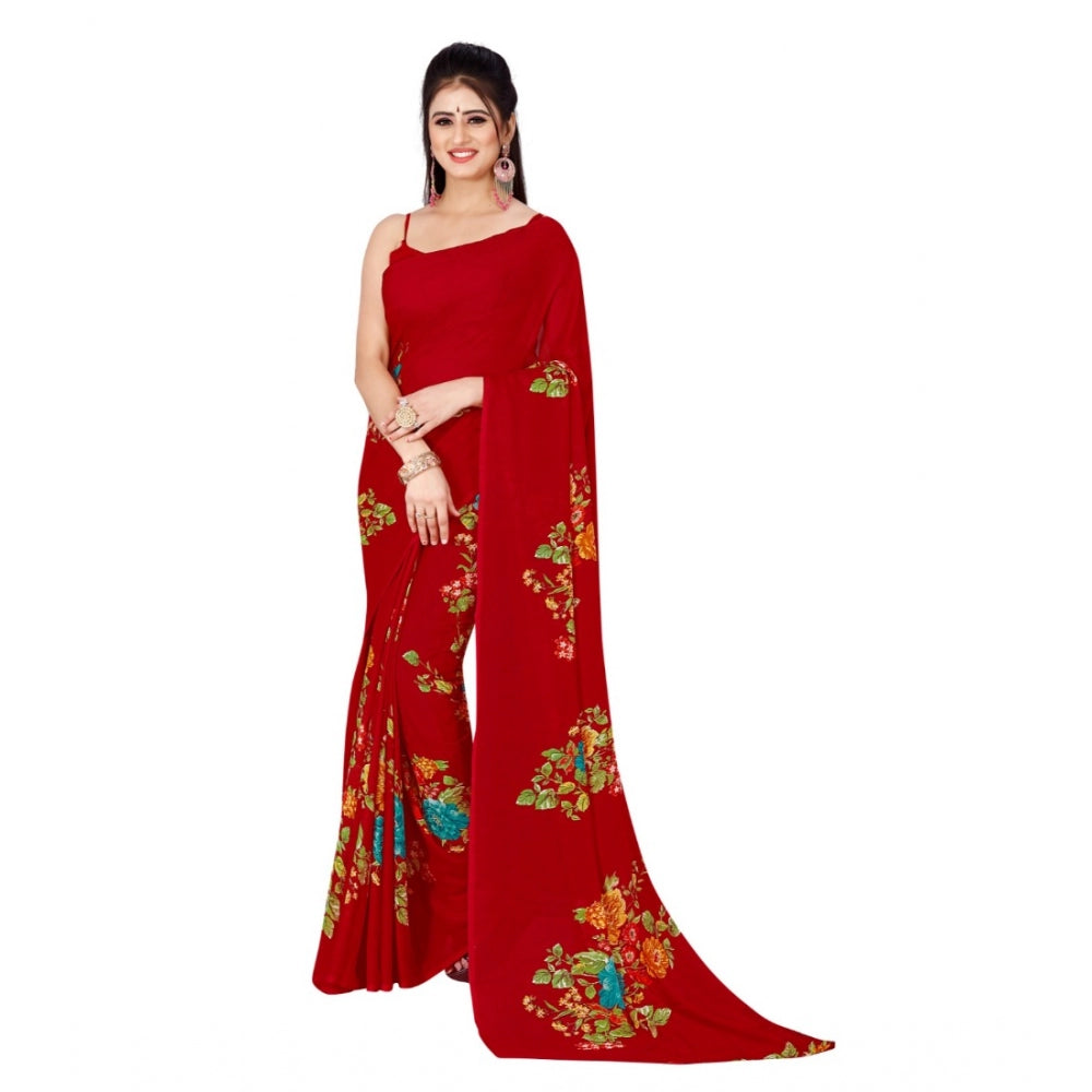 Amfyn Women's Poly Georgette Printed Saree Without Blouse (Red)