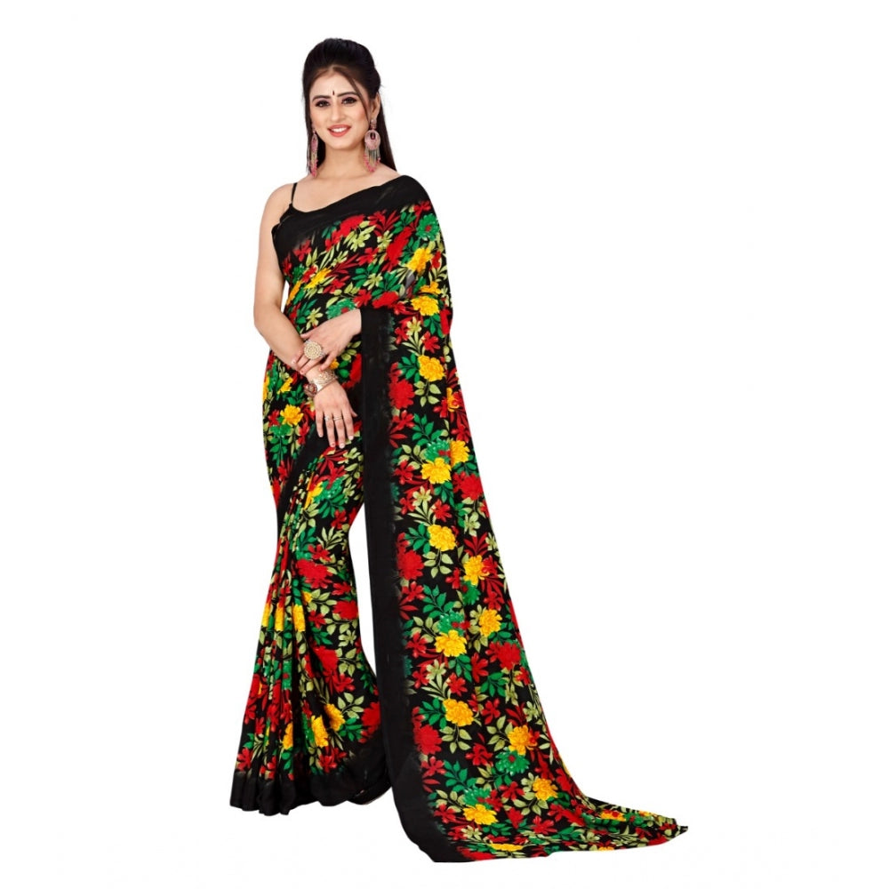 Amfyn Women's Poly Georgette Printed Saree Without Blouse (Black)