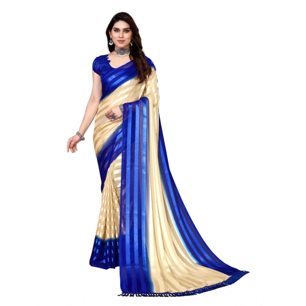 Amfyn Women's Embellished Striped Bollywood Satin Saree With Blouse (Beige, Blue)