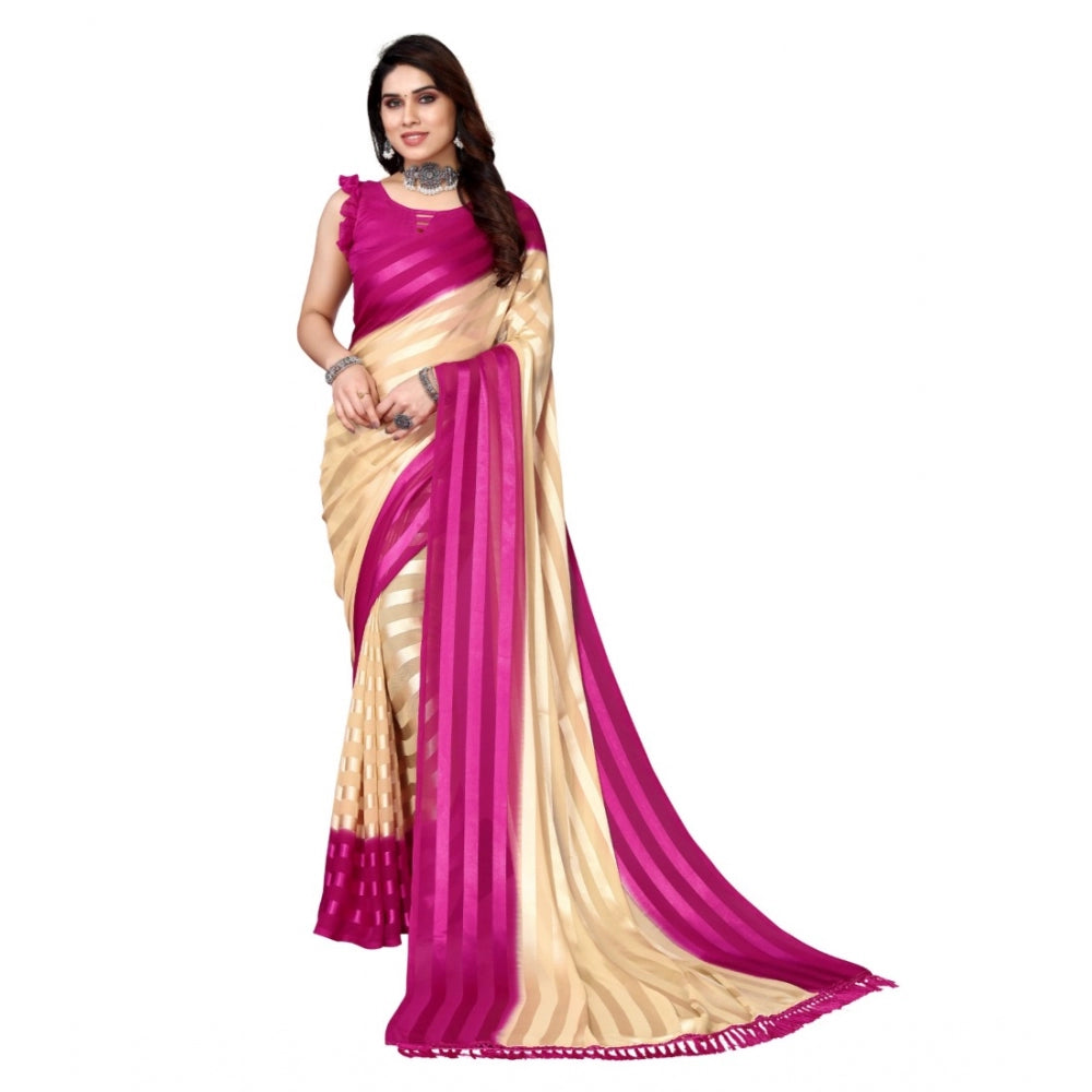 Amfyn Women's Embellished Striped Bollywood Satin Saree With Blouse (Beige, Pink)