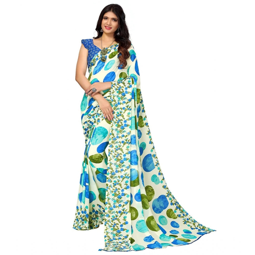 Amfyn Women's Poly Georgette Printed Saree Without Blouse (Light Blue)