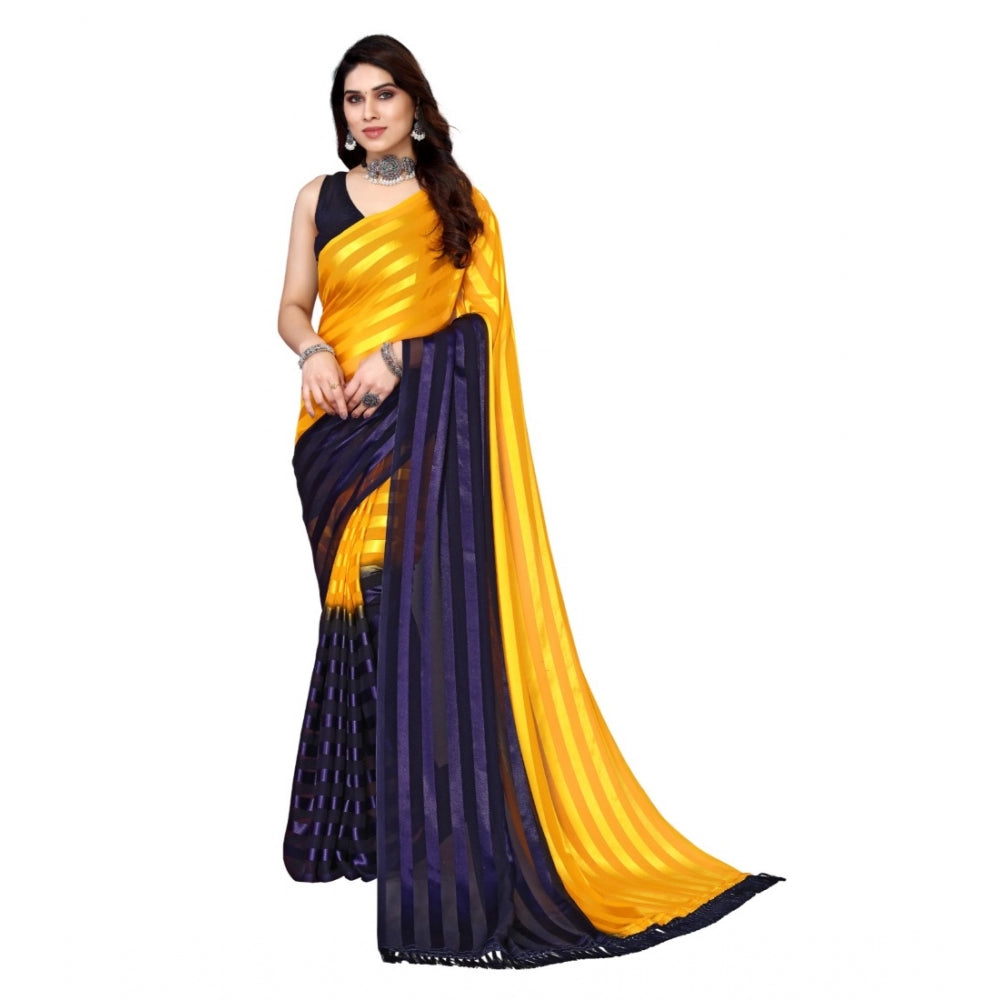 Amfyn Women's Embellished Striped Bollywood Satin Saree With Blouse (Yellow, Dark Blue)