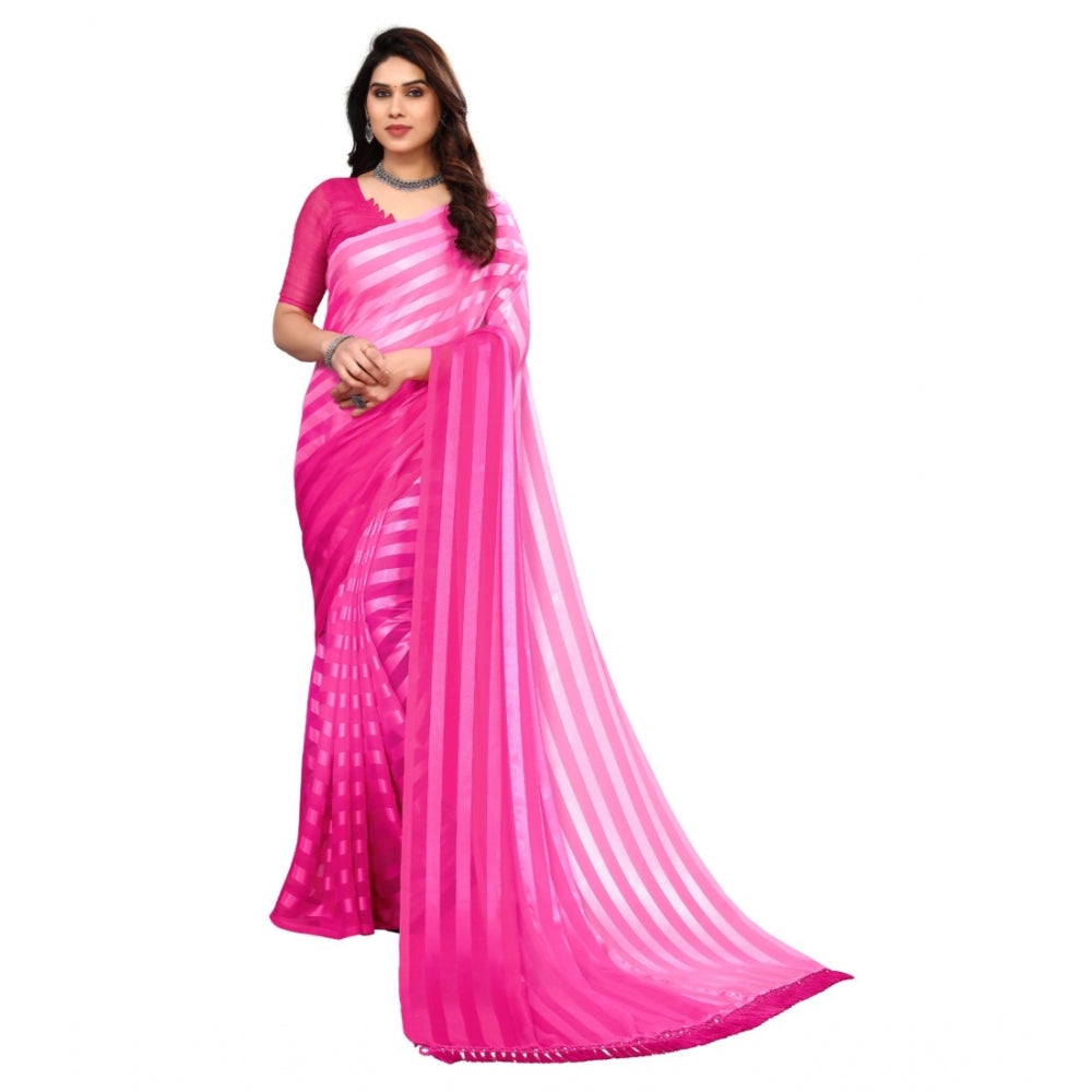 Amfyn Women's Embellished Striped Bollywood Satin Saree With Blouse (Pink)