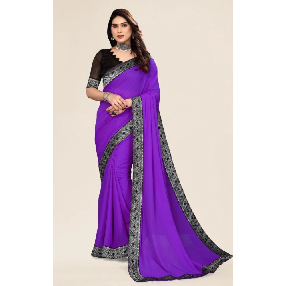 Amfyn Women's Embellished Plain Solid Bollywood Chiffon Saree With Blouse (Purple)